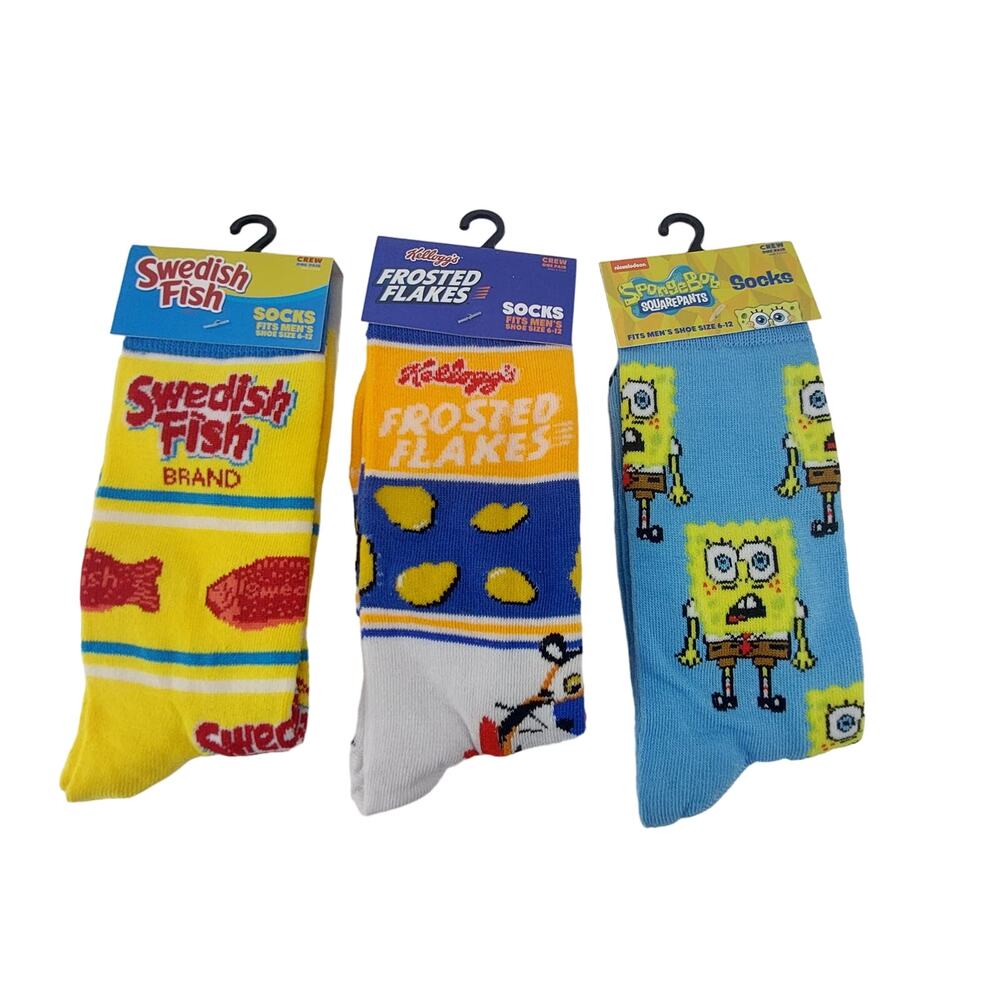 Funky Socks Set of 3 Designer Sponge Bob Frosted Flakes Swedish Fish